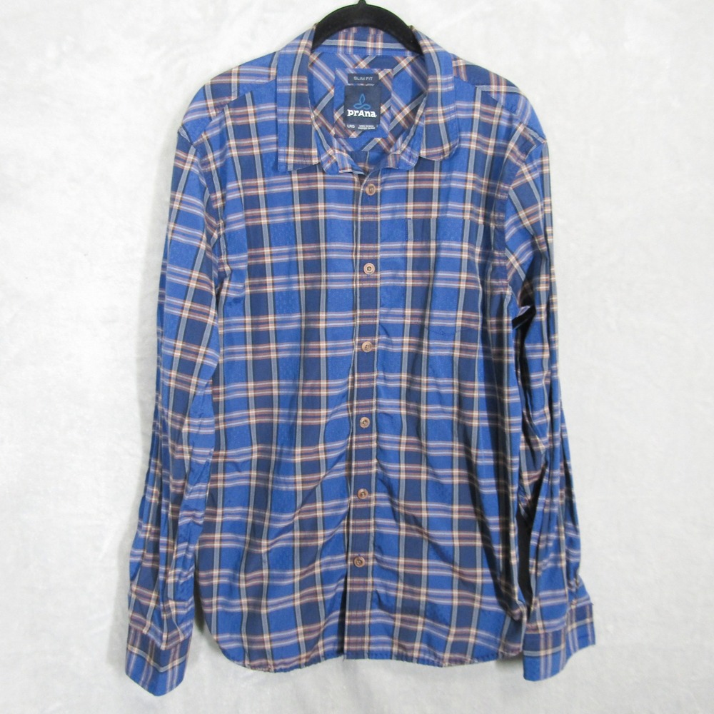 Prana Shirt Men's Large Slim Fit Plaid Button Down Long Sleeve Organic Cotton